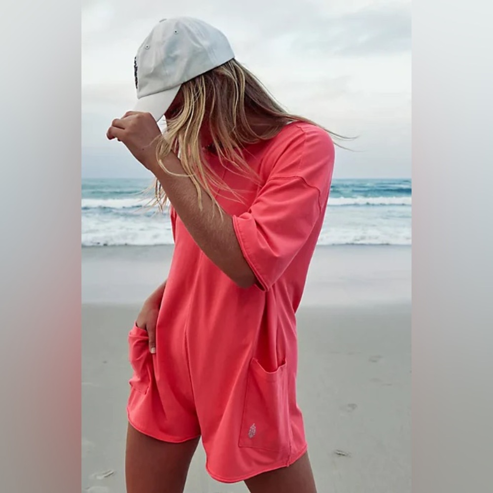 Free People FP Movement Hot Shot Tee Romper Electric Sunset Neon Pink XS NWT